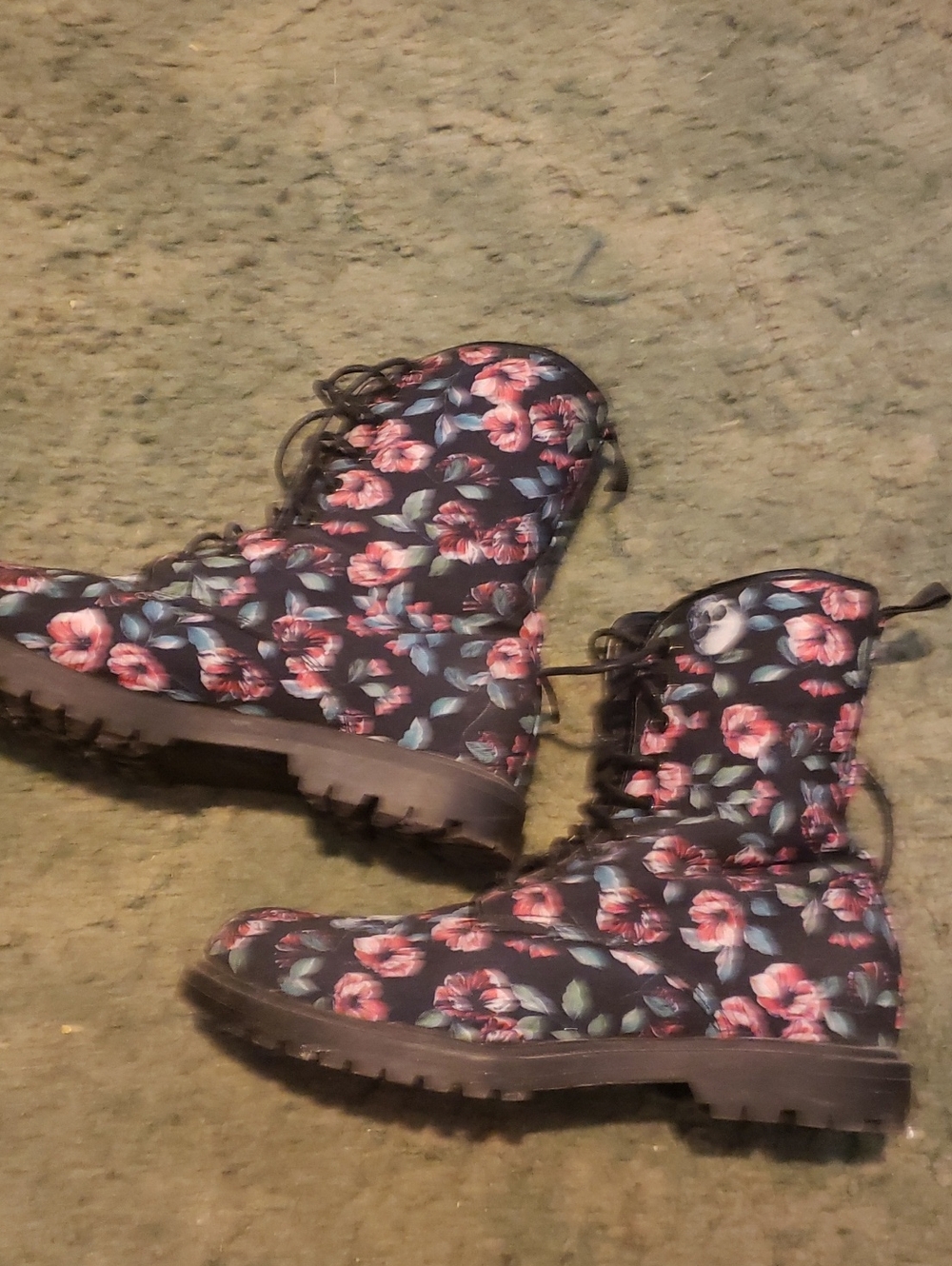 Floral Lace-Up Combat Boots - Pink Floral on Black - Women